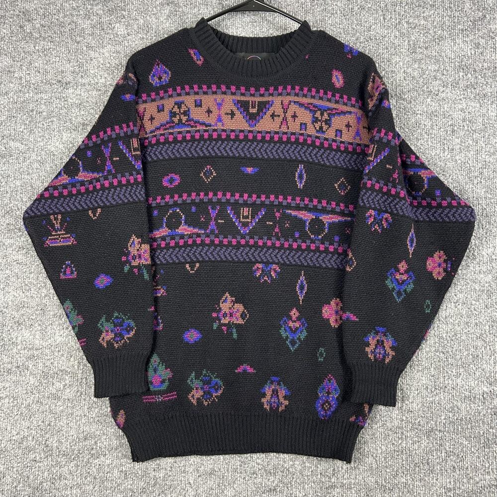 Vintage Bogner Sweater Mens Small Black Fair Isle Knit Crewneck Hong Kong 80s - Picture 1 of 9